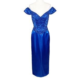 Vintage 70s Mike Benet Dress Size 10 Royal Blue Sequined Satin Formal Pencil
